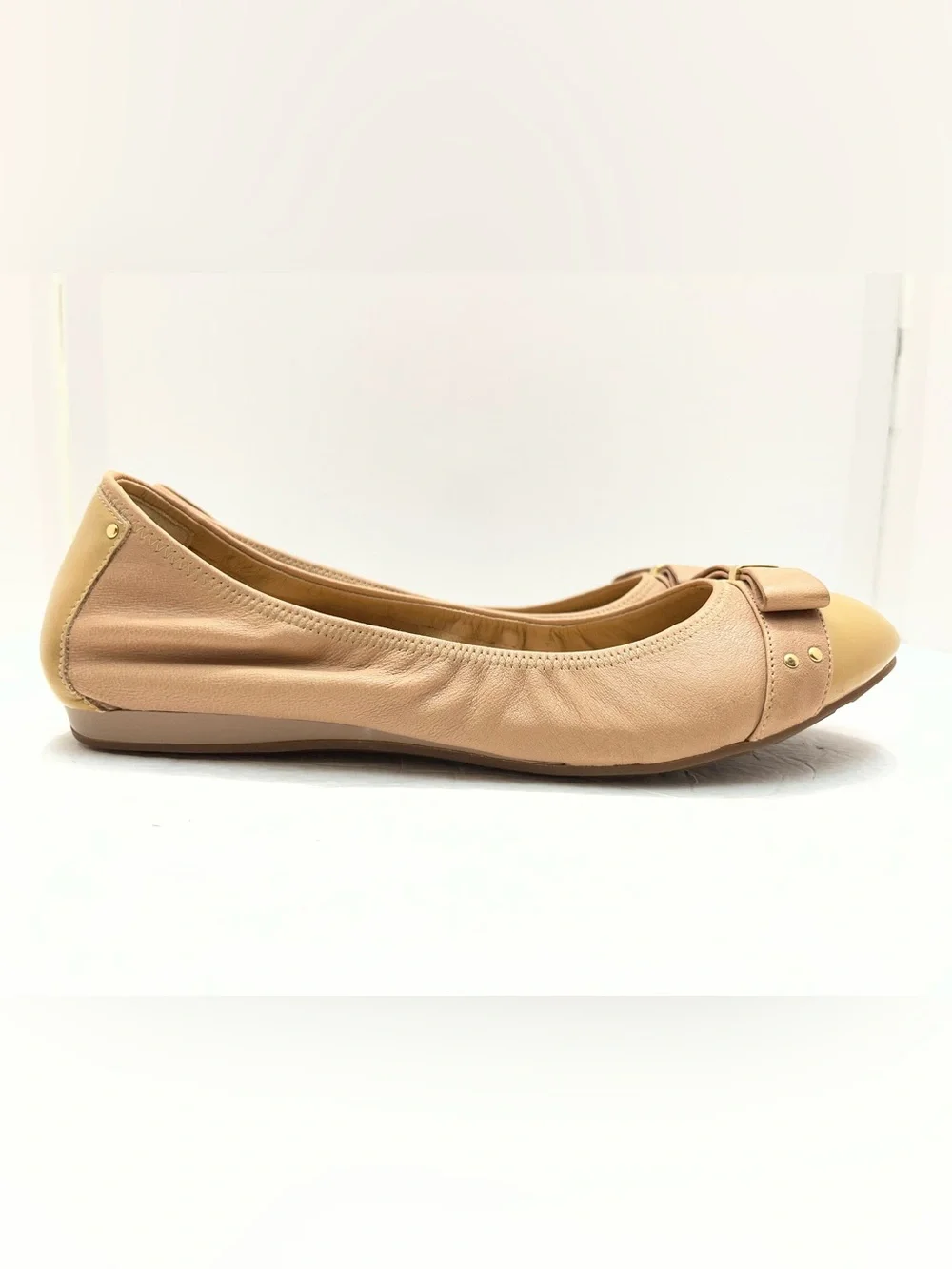 Cole Haan Nike Air Monica Ballet Flats Tan Leather Cap Toe Bow D41662 Women 8.5B